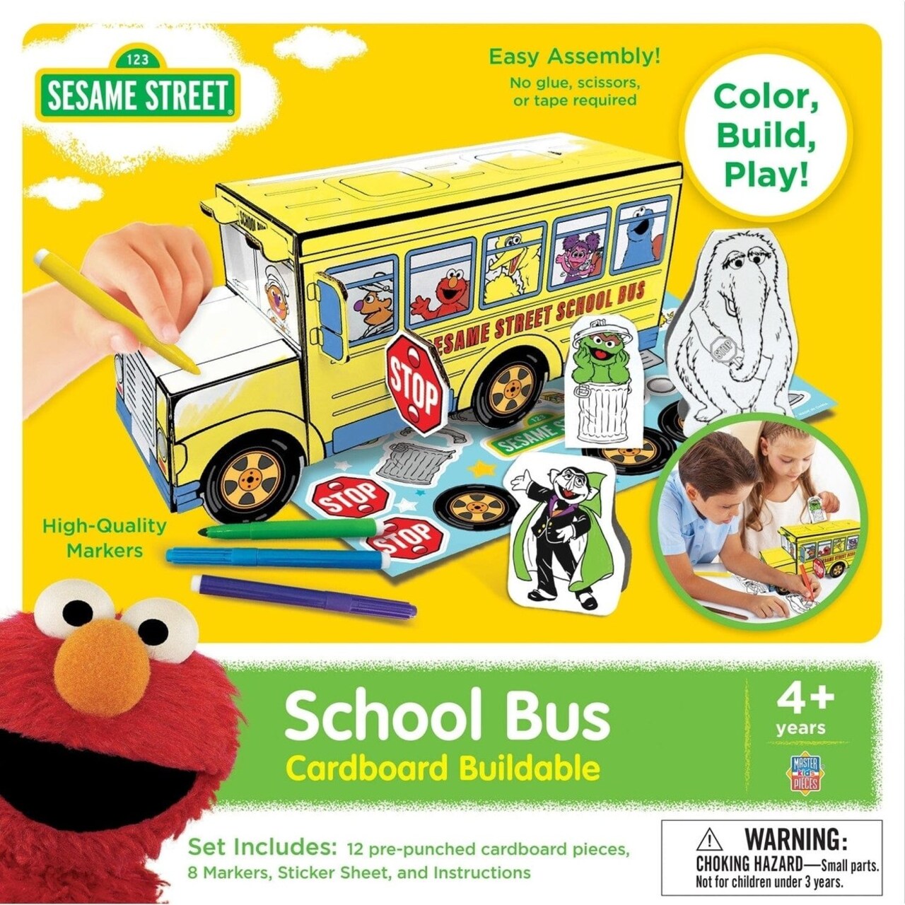Sesame Street School Bus Craft Kit Cardboard Buildable With Markers 10.5In
